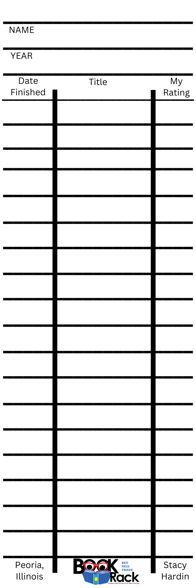 Reading Log Bookmark A Cheep Tee / Peoria Book Rack