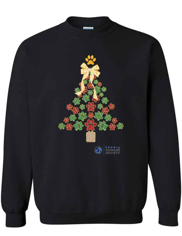 Black Crewneck Sweatshirt with Paw Print Christmas Tree! - Peoria Humane Society