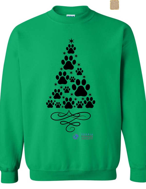 Green Crewneck Sweatshirt with Black Pawprint Christmas Tree - Peoria Humane Society