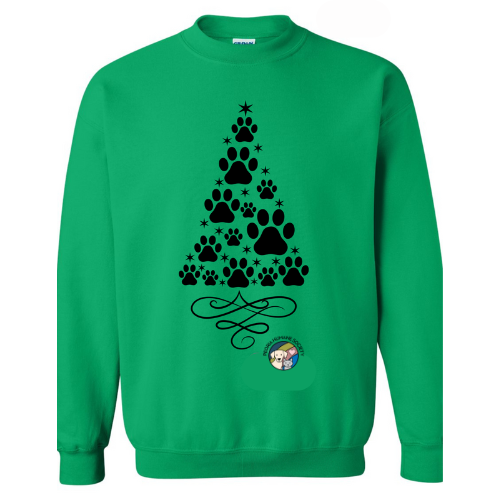 Green Crewneck Sweatshirt with Black Pawprint Christmas Tree - Peoria Humane Society