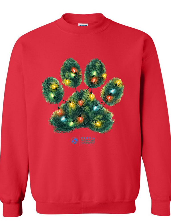 Red Crewneck Sweatshirt with Christmas Tree Paw Print! - Peoria Humane Society