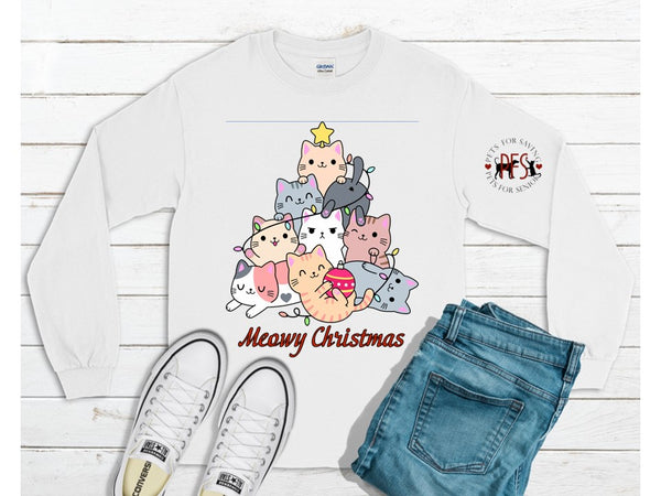 Meowy Christmas with logo for PFS Shelter- Crewneck Sweatshirts